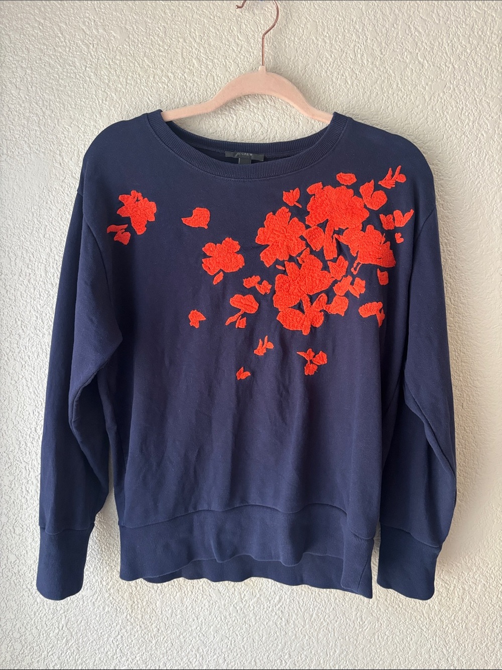 J. Crew Navy Crewneck Sweatshirt with Bright Orange Floral Appliqué